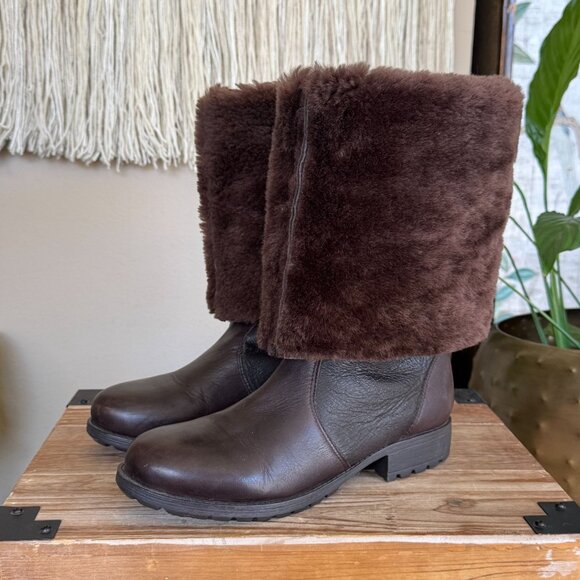 Kelsi Dagger Glenda Brown Leather Shearling Knee High Rubber Sole Flat Boots - Picture 3 of 17